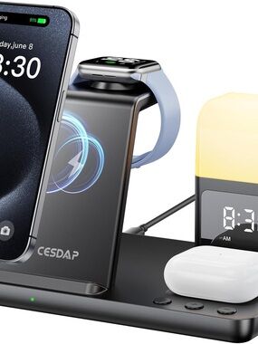 6 in-1 Wireless Charging Station with Light Blue Watch Cradle